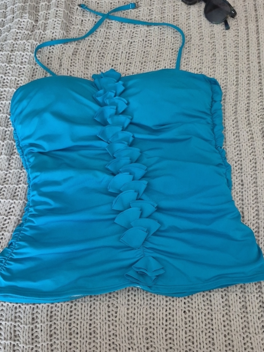 Kenneth Cole New York Bright Turquoise Ruffle-Front Tankini Top